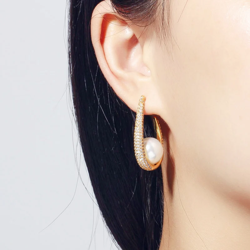 Pera Elegant Brilliant Women Big Round Pearl Cubic Zirconia Yellow Gold Circle Long Drop Earrings for Party Jewelry Gift E393 | Украшения и