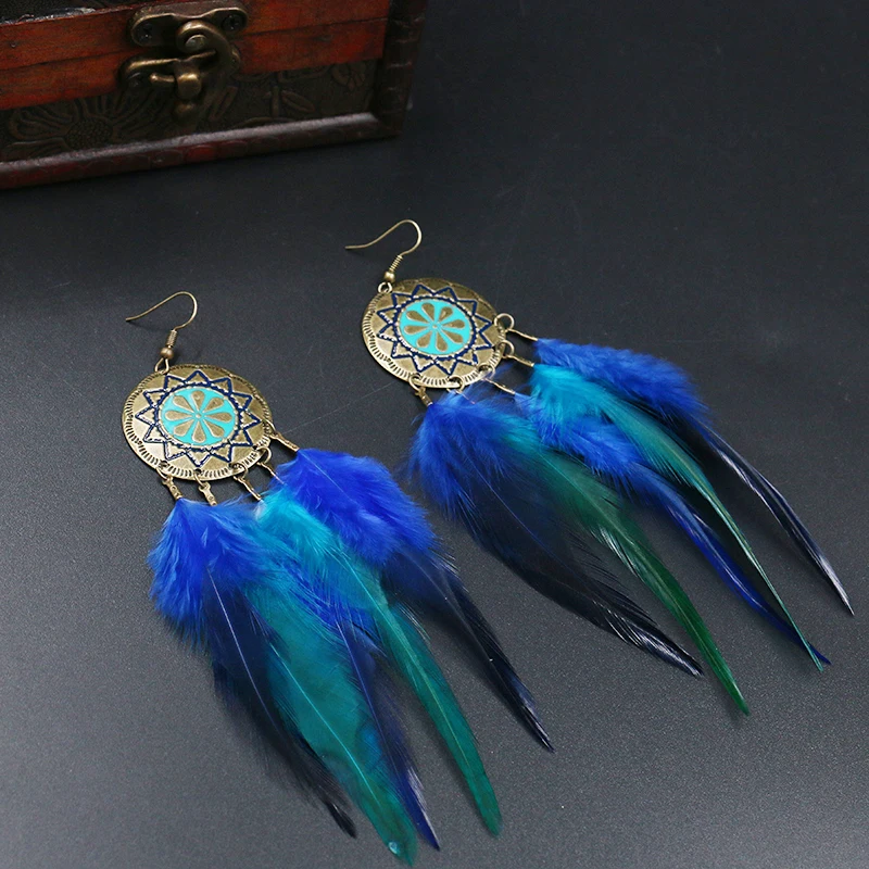 Boho серьги длинные висячие из перьев классный подарок Винтаж ручной работы