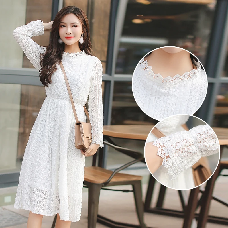Летнее кружевное платье с воротником-стойкой милое богемное Белое миди длинным