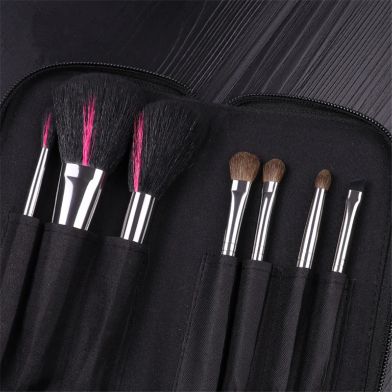 Black 7Pcs Makeup Brushes Set High Quality Goat Hair Soft Powder Blush Blending Eye Shadow Professional Cosmetic Brush with Bag | Красота и