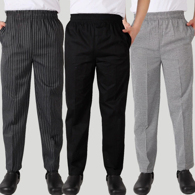 

New Chef Uniform Restaurant Pants Kitchen Trouser Chef Pants Black Elastic Waist Bottoms Food Service Pants Mens Work Wear