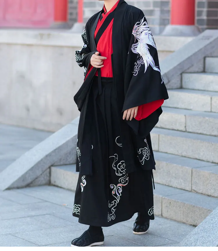 Древняя династия Вэй Цзинь пары Hanfu одежда красный черный свадебное платье большое вечернее платье с рукавами Гуандун Вышивка Феникс
