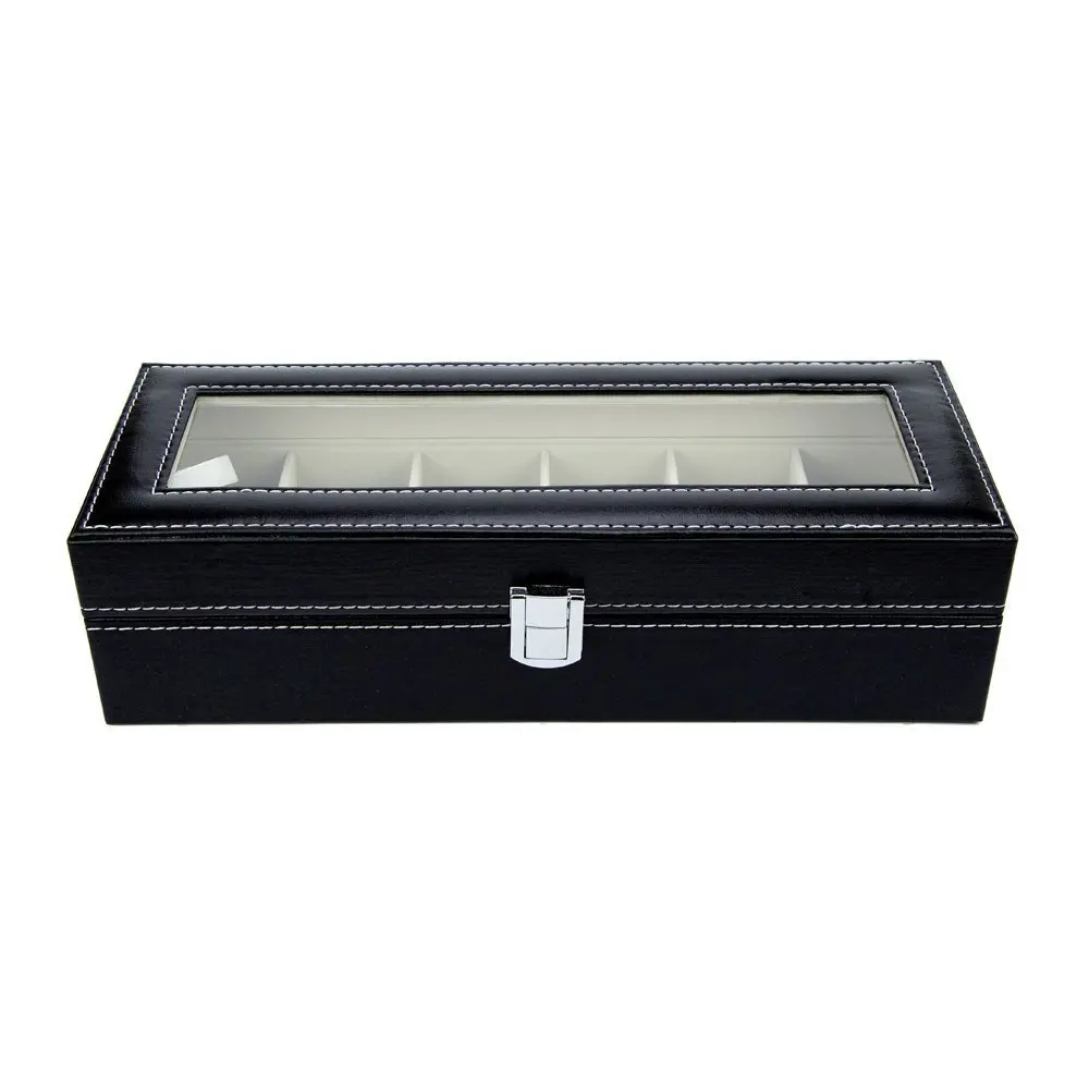 3/6/10/12 слотов Сетка Смотреть Box Дисплей коробка часы Jewelry черный Высокие ботинки из PU-кожи класса посеребренные кнопку часы поле