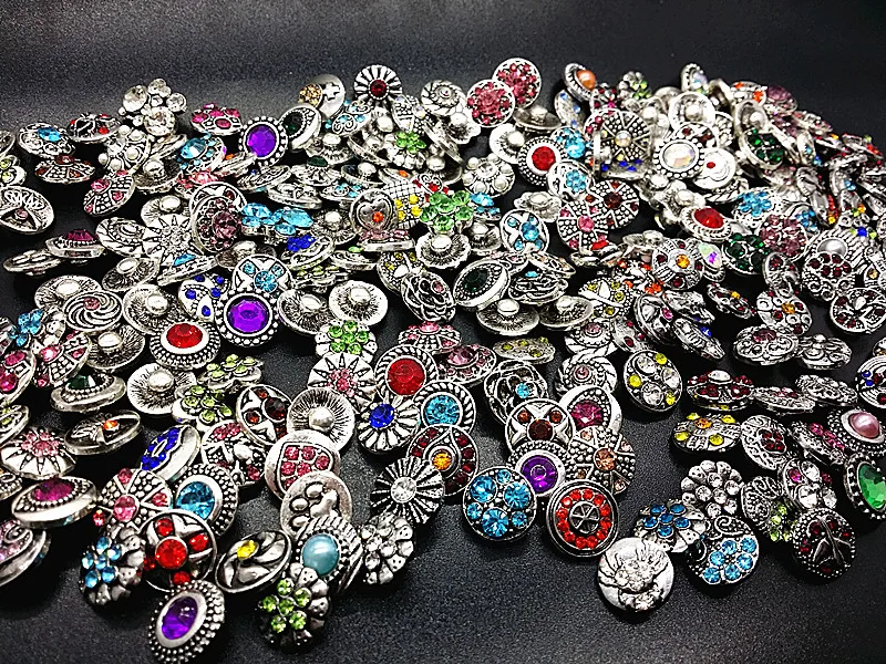 

wholesale assorted 100pcs antique silver plated ginger 12mm Snap charms DIY buttons with Rhinestone mix designs