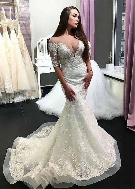 

Plus Size Vestido De Noiva Muslim Wedding Dresses Mermaid Half Sleeves Lace Boho Dubai Arabic Wedding Gown Bridal Dresses-i