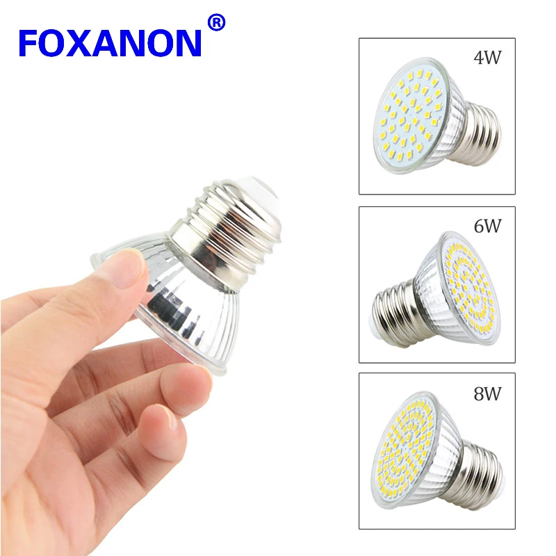 Foxanon E27 светодиодная лампа 4 Вт 6 8 220 В прожектор 2835 SMD высокая яркость свет 36 72