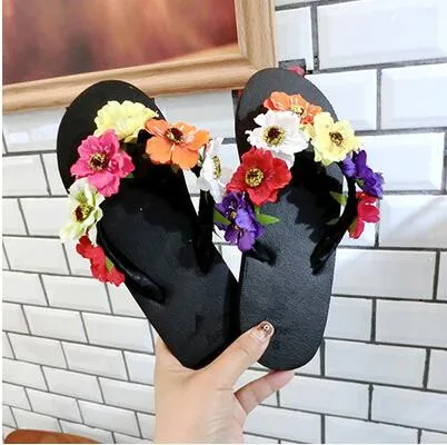 Летние богемные Вьетнамки с цветочным принтом женские босоножки на танкетке