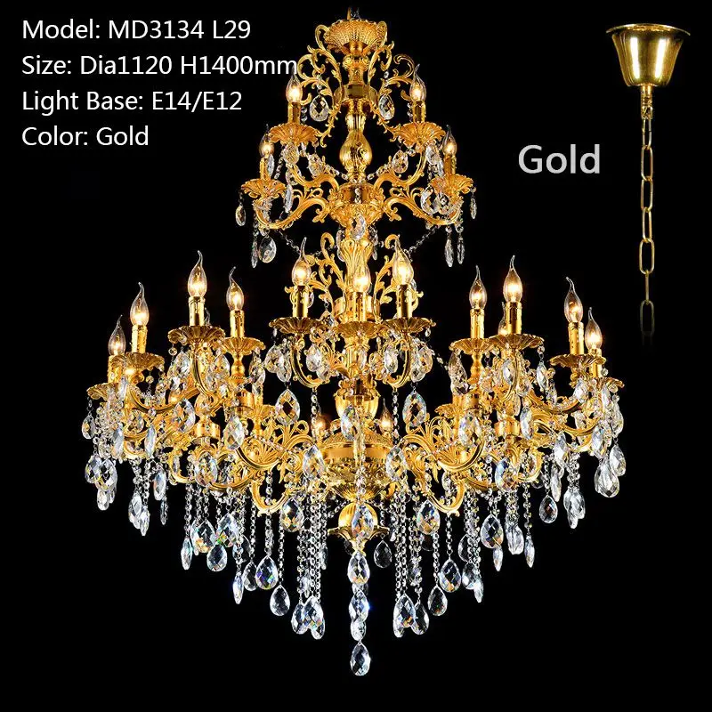 Gold color Роскошная большая латунная цветная хрустальная люстра, лампа, хрустальный светильник, светильник 3 яруса 29 Arms, лампа для отеля - Цвет абажура: Gold color