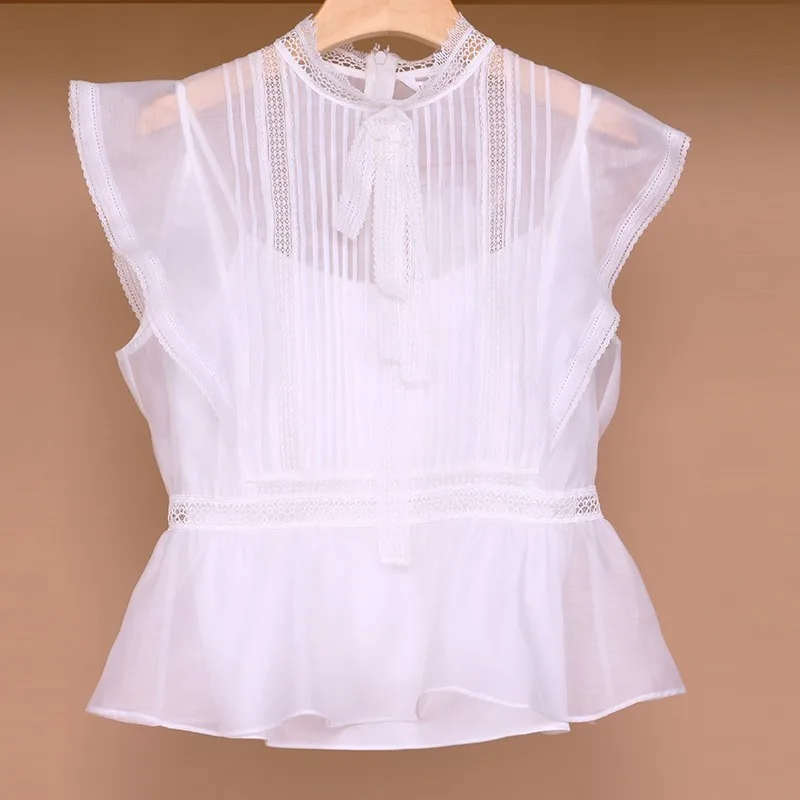 white TWOTWINSTYLE летняя однотонная женская блузка со стоячим воротником с коротким рукавом туника с оборками женская модная одежда Элегантная новинка - Цвет: white