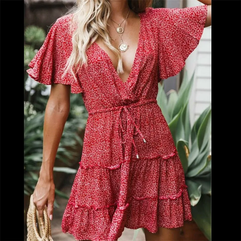 Новое модное женское платье с коротким рукавом и цветочным принтом Boho Летнее