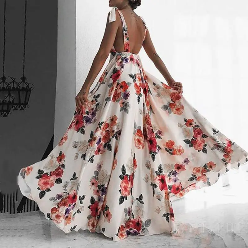 Женское длинное пляжное платье Boho белое с открытой спиной и цветочным