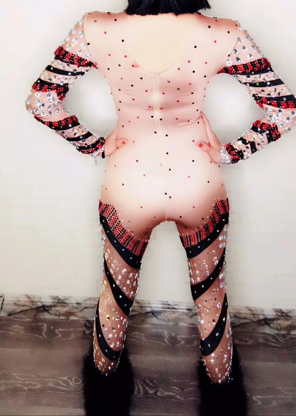 Яркий эластичный комбинезон стразы Женский костюм для ночного клуба певицы
