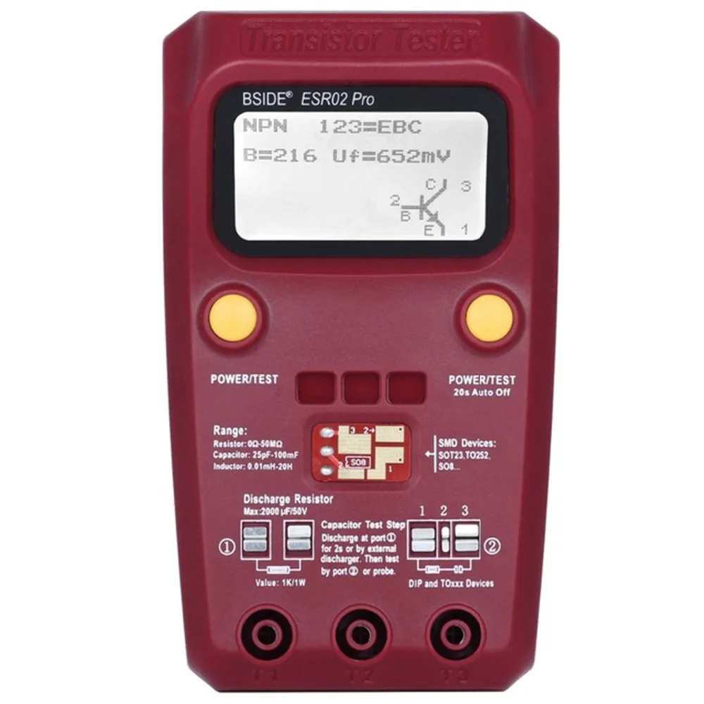 Цифровой тестер транзисторов BSIDE ESR02PRO, измеритель емкости, индуктивности, сопротивления LCR, мультиметр, SMD-компоненты, измерение ESR.