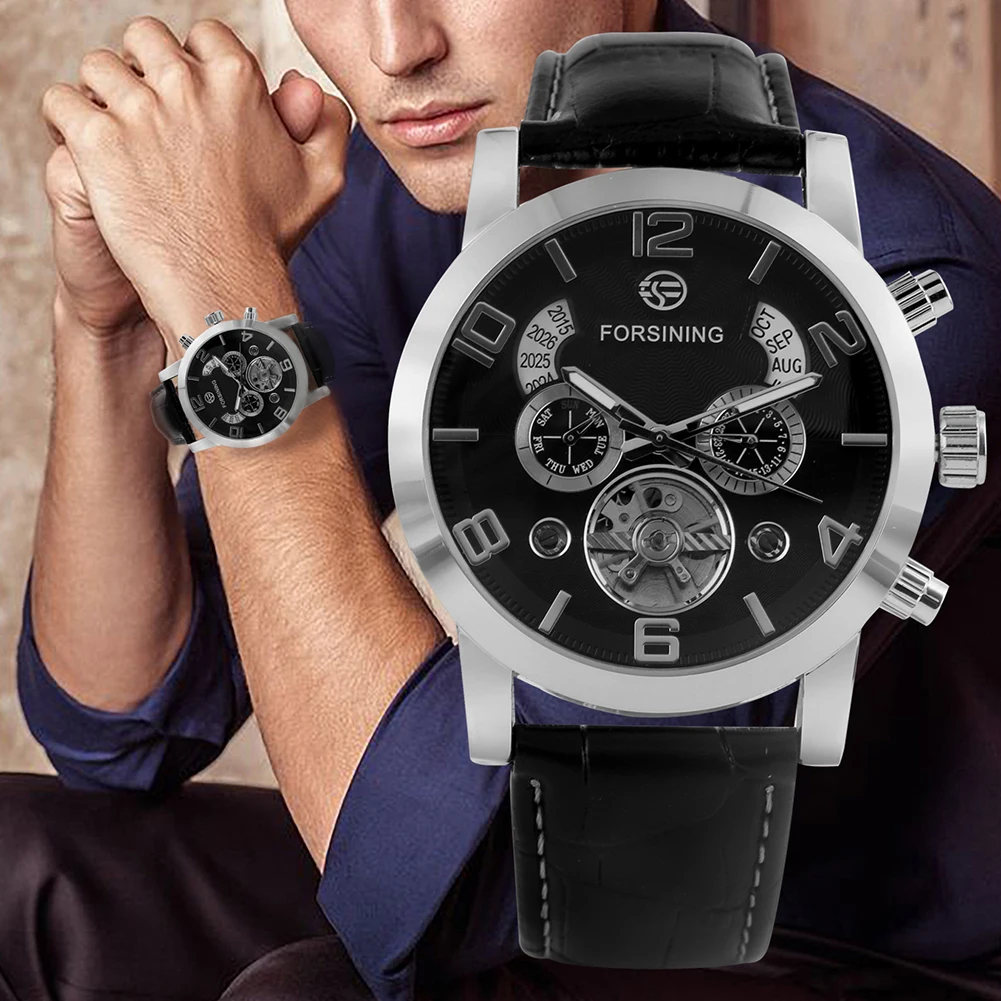 Tourbillon Сталь Скелет механические часы с автоподзаводом натуральная кожа