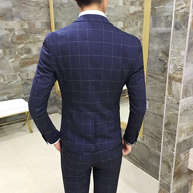 

(Jackets+Pants+Vest) Mens Slim Business 3-piece Suits Sets Formal Hombre Male One Button Plaid Work Professional Casual Dress