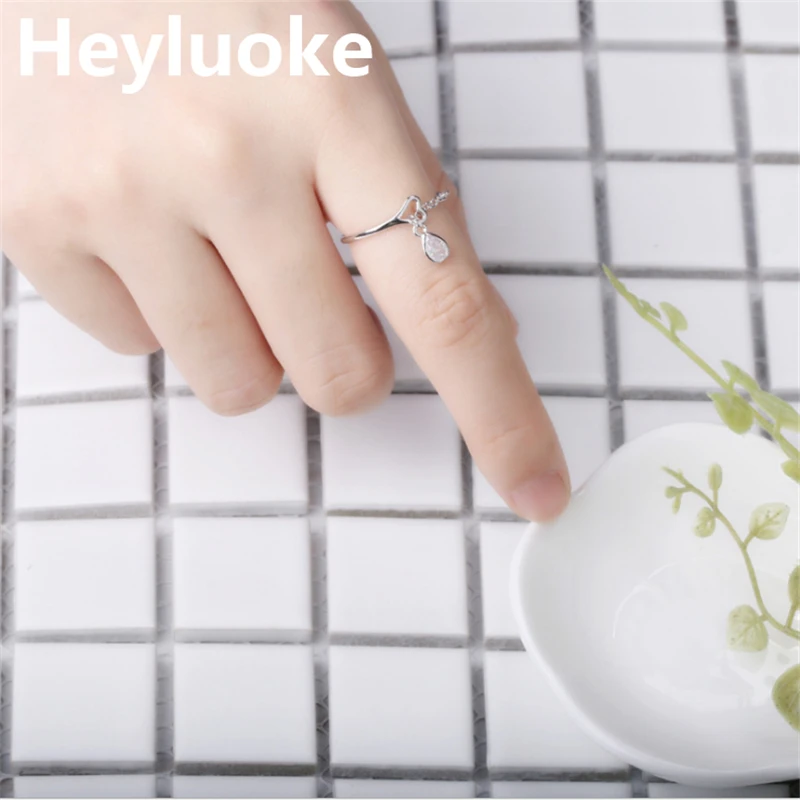 Подлинное кольцо 100% в форме капли воды с фианитом и цепочкой сердца для женщин