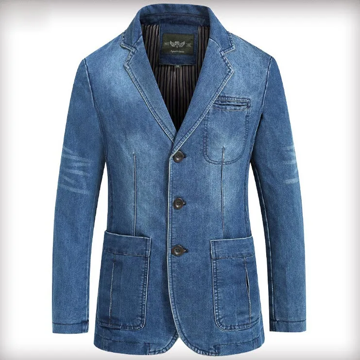 light blue LONMMY Джинсовый блейзер для мужчин, 80% хлопок, ковбойская куртка, джинсовая куртка, Мужской Блейзер, костюмы для мужчин, jaqueta, брендовая одежда, модная M-4XL - Цвет: light blue