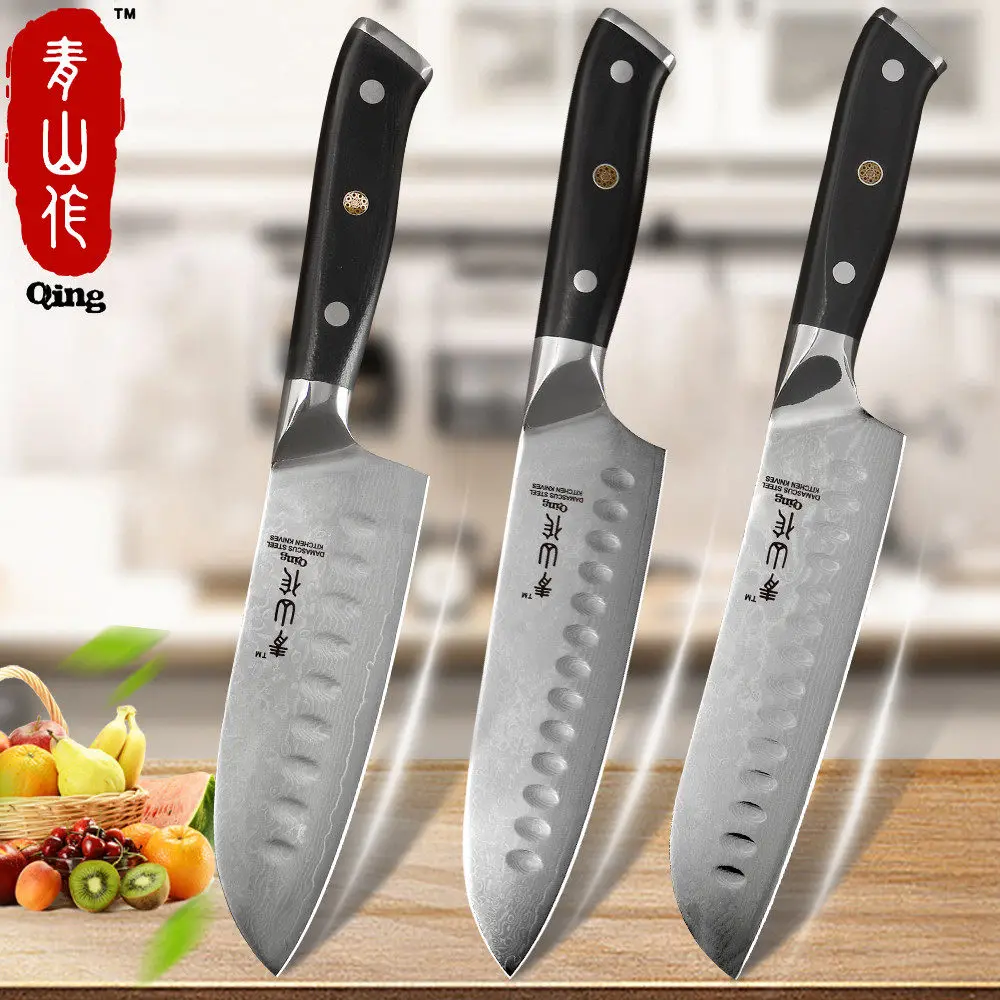 QING кухонный дамасский нож профессиональный Santoku 7 дюймов 6 5 Дамасская сталь