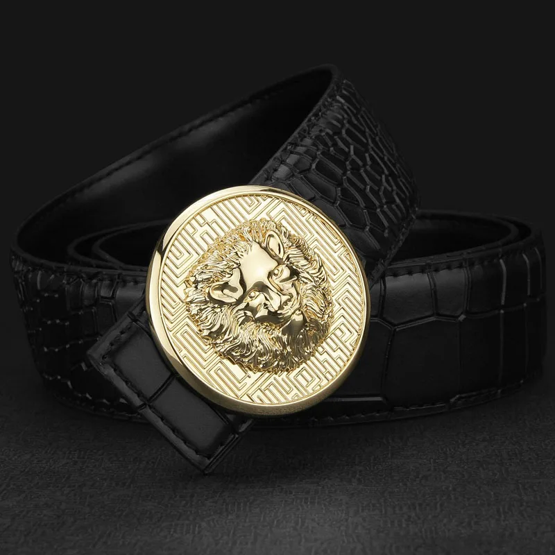 Black Golden buckle Лев пояса мужчин от желтый пояс мода золотой пояс Натуральная кожа люксовый бренд высокого качества пригородам пояс - Цвет: Black Golden buckle