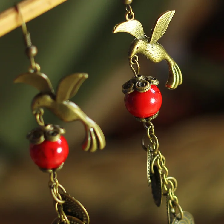 FREE SHIPPING Vintage Style Charming Retro Bronze Birds with Red Tur quoise Beads Elegant Pendulous Long Earrings Ethnic Jewelry | Украшения
