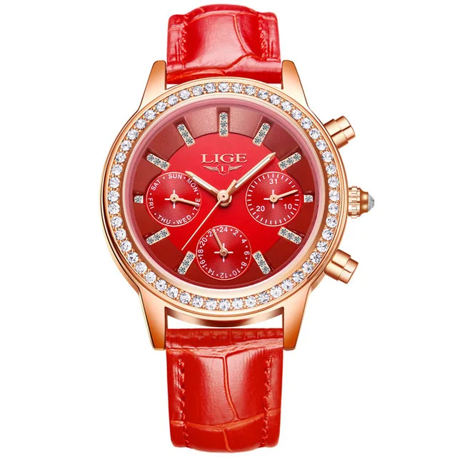 Relogio feminino, женские часы LIGE, роскошный бренд, для девушек, кварцевые часы, на каждый день, кожа, женское платье, часы, женские часы, Montre Femme - Цвет: red
