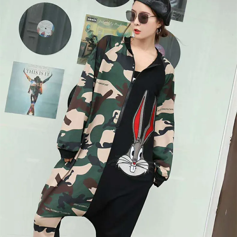 Tide brand women's 2019 autumn new hip hop wind cartoon beaded sequin stitching long sleeve large size jumpsuit trousers | Женская