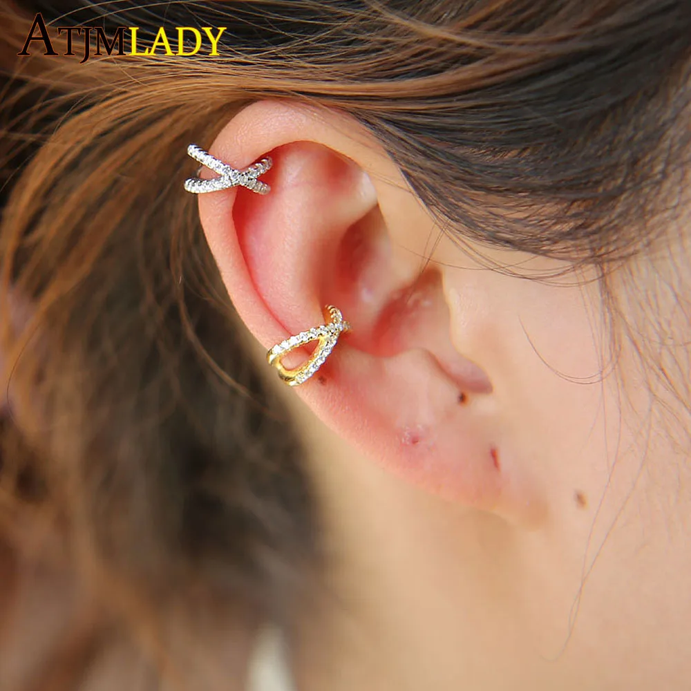 Brincos простая Женская jewelry серьга-запонка куртка 925 серебро минималистский крест Кафф с клипсой micro pave cz серьги