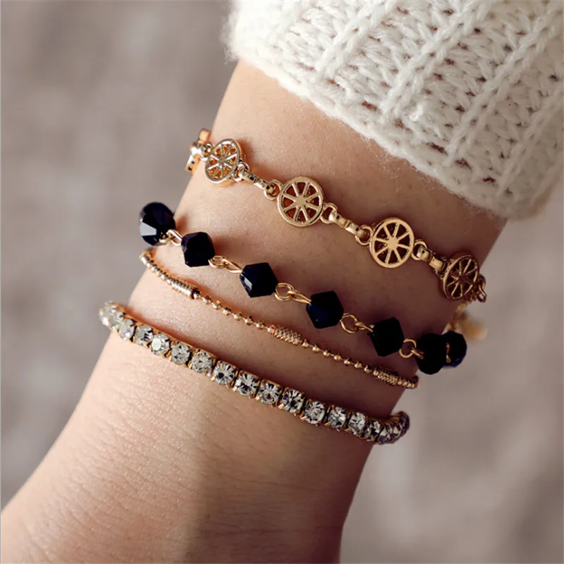 

Jewelry fashion black stone Gold Color string elastic rope with anchor hollowed-out circle woman bracelet 4 sets Gilr Holiday