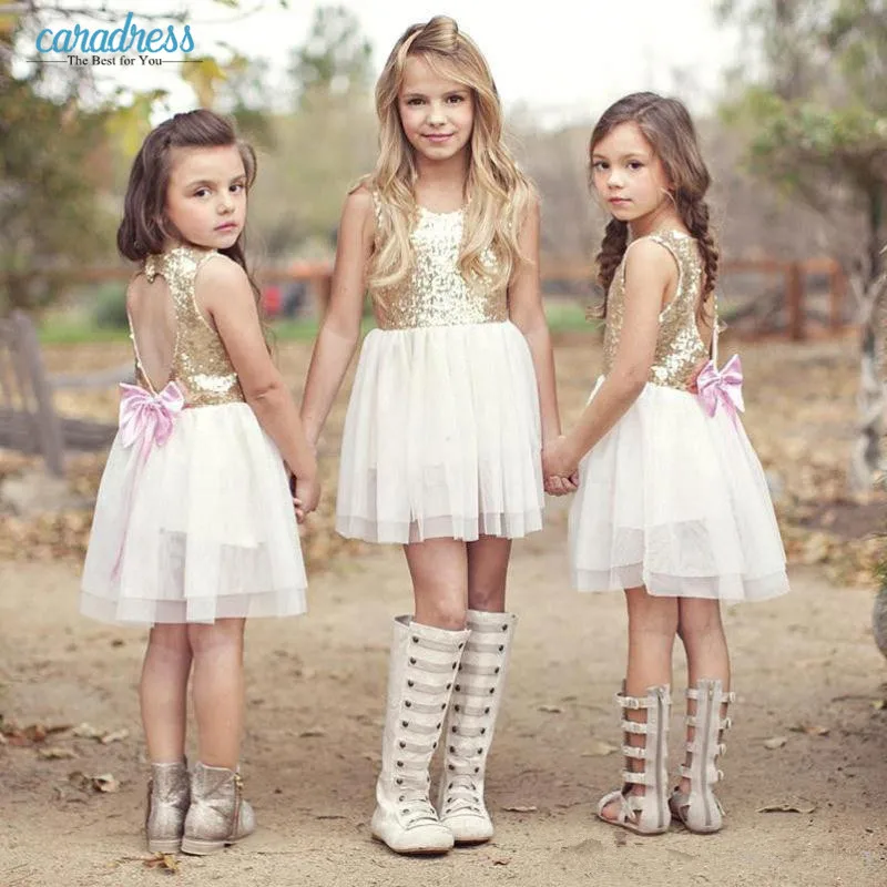 2017 New Arrival Flower Girls Dresses Sequind Top Child Formal Hollow Back Short Crew Neck Wedding Party | Свадьбы и торжества