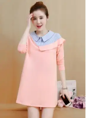 Clobee 2017 осень-зима свободные полосатые отложным воротником лоскутное платье для