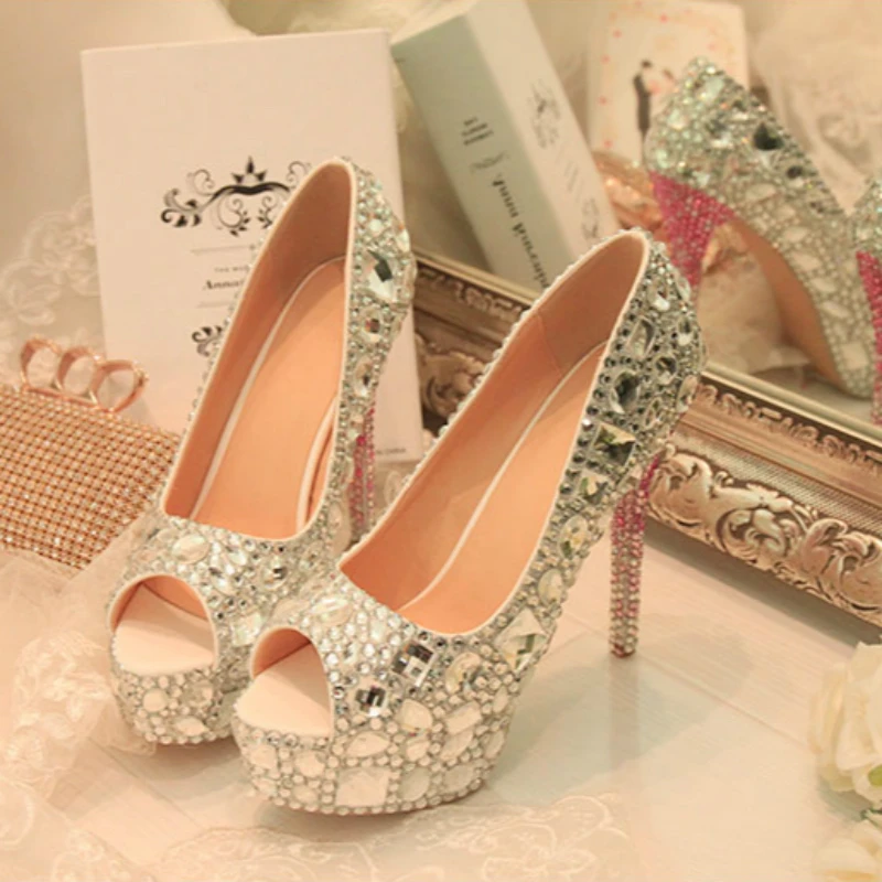 

Crystal Wedding Peep Toe Shoes Silver Bride Women Diamond Ultra Sexy Thin High Heel Rhinestone Party Pumps Shoes Big Size 43