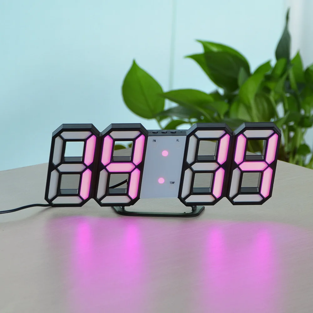 black-pink 3D светодиодный настенные часы современный дизайн цифровые настольные часы будильник ночник 12/24 часов дисплей часы для дома гостиной украшения - Цвет: black-pink