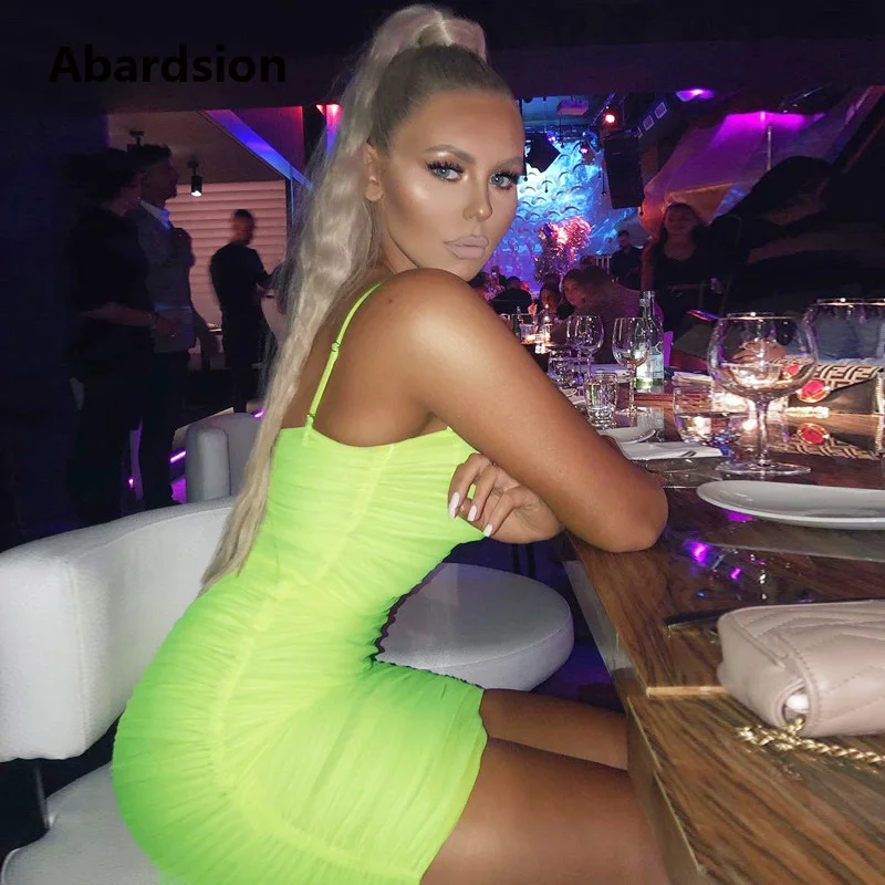 Abardsion неоново зеленое сексуальное Бандажное мини Сетчатое платье женское летнее