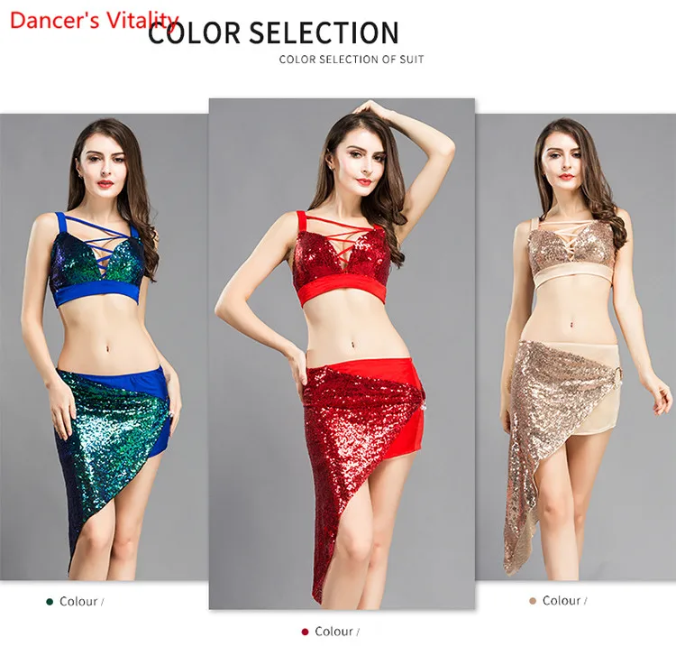 

new belly dance shinning two pieces dress a piece of dress, sequins set, metal buckle dress, bra and skirt - 8819 m, l