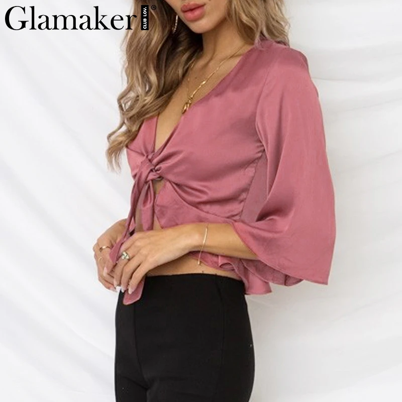 Женская блузка Glamaker белая бандажная с рукавом фонариком и оборками для фитнеса