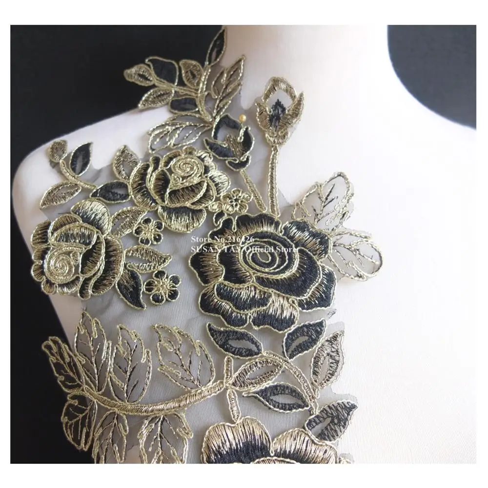 30 шт./партия новые длинные черные/Золотые цветочные органза кружева вышитые