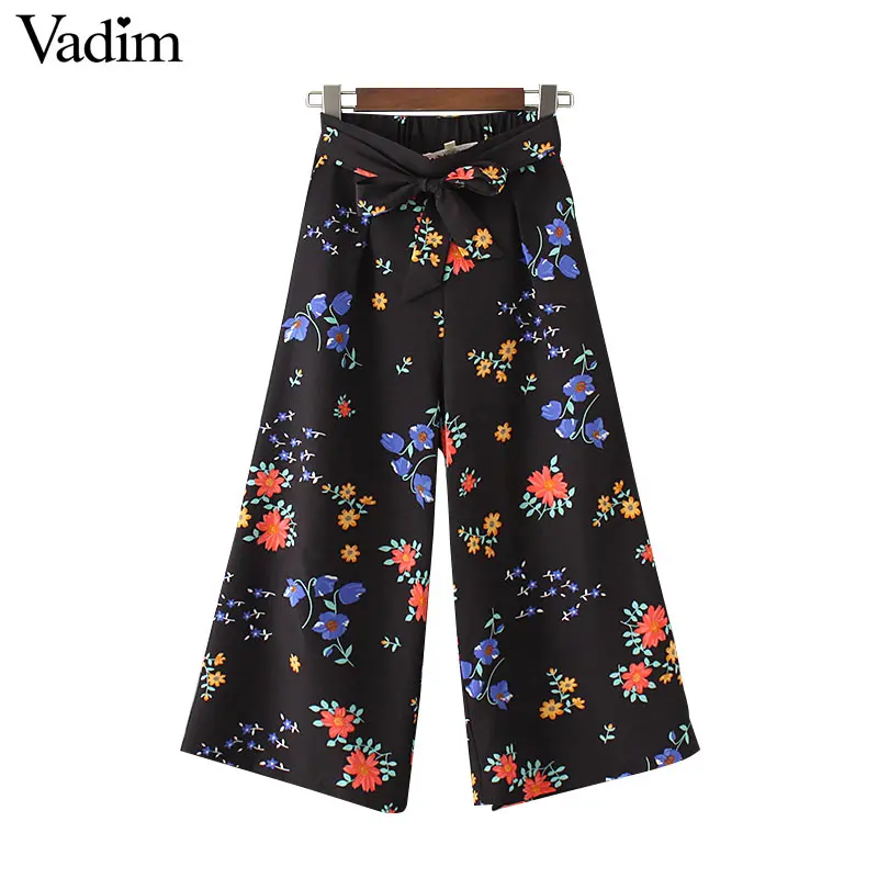 Брюки Vadim женские винтажные с цветочным принтом широкие бантом поясом свободные