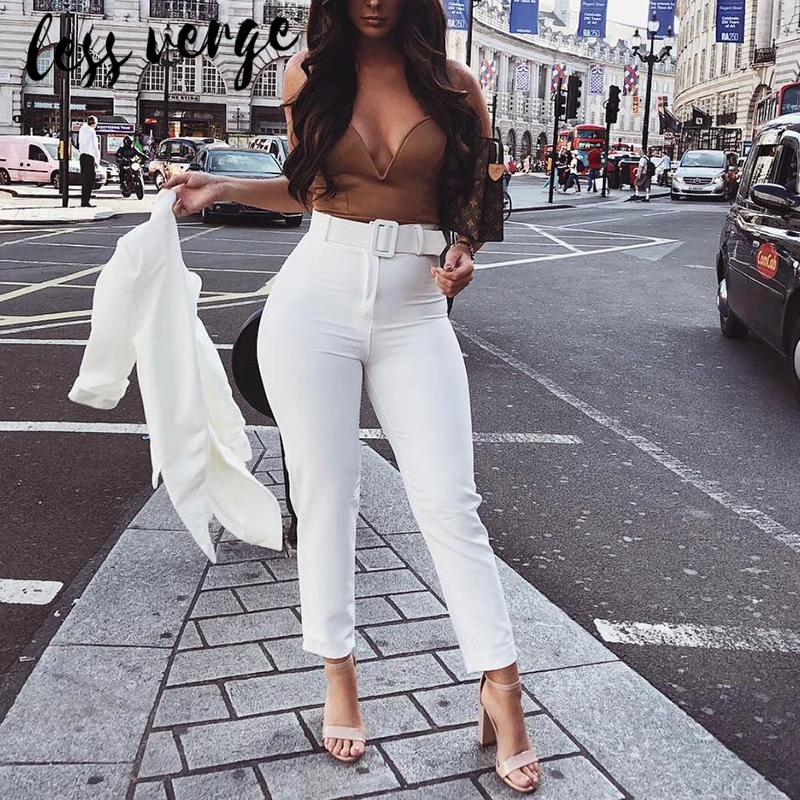 Белые женские брюки Lessverge с пряжкой и поясом повседневные свободные офисные