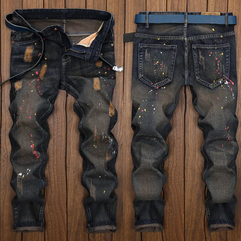 2018 Новая мода Для мужчин Эластичный Ripped Skinny Краски байкерские джинсы уничтожены