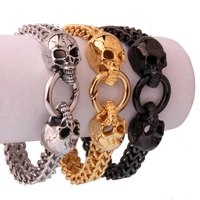 heavy silver colorgold colorblack double skeleton skull biker jewelry stainless steel flat figaro chain mens bracelet bangle