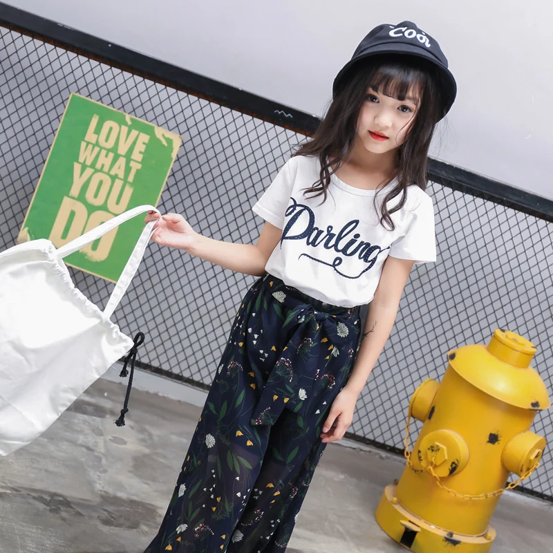 

Summer Girls Clothing Children Short Sleeve Clothes Big Girls Cotton T-shirt + Chiffon Pants Kids Casual