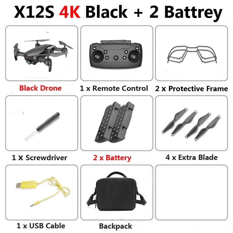 4K Black 2B Bag X12S Wi-Fi FPV мини складной Дрон Двойная камера 1080P 4K оптический поток воздушная видео профессиональный Радиоуправляемый квадрокоптер Вертолет игрушка SG106 - Цвет: 4K Black 2B Bag