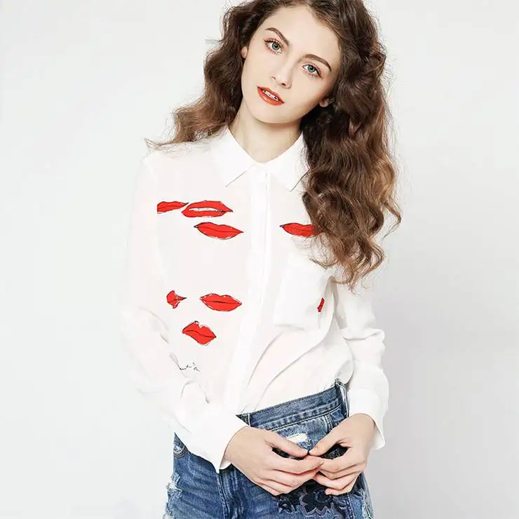 Блузка женская с длинным рукавом и принтом губ M/L/XL|shirts and blouses for women|shirt caseblouse green |