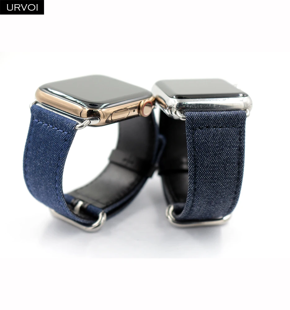 Ремешок URVOI для apple watch series 6/SE/5/4/3/2/1 кожаный браслет из синей джинсовой ткани iwatch