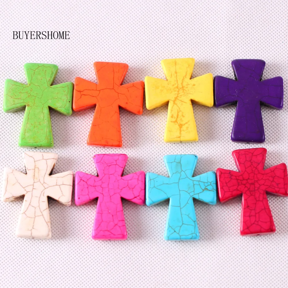 

5Pcs Crosses Bead Pendant Fit Necklace 50x40MM Red Pink Blue White Green Purple Yellow Howlite for Men Women Jewelry Gift