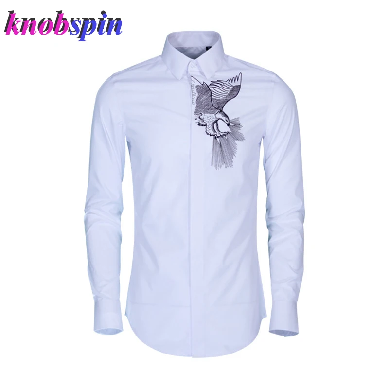 

Trendy Brand Men Shirt Eagle Embroidery Turn-down collar Slim Casual shirts Camisas masculina high quality Cotton clothes