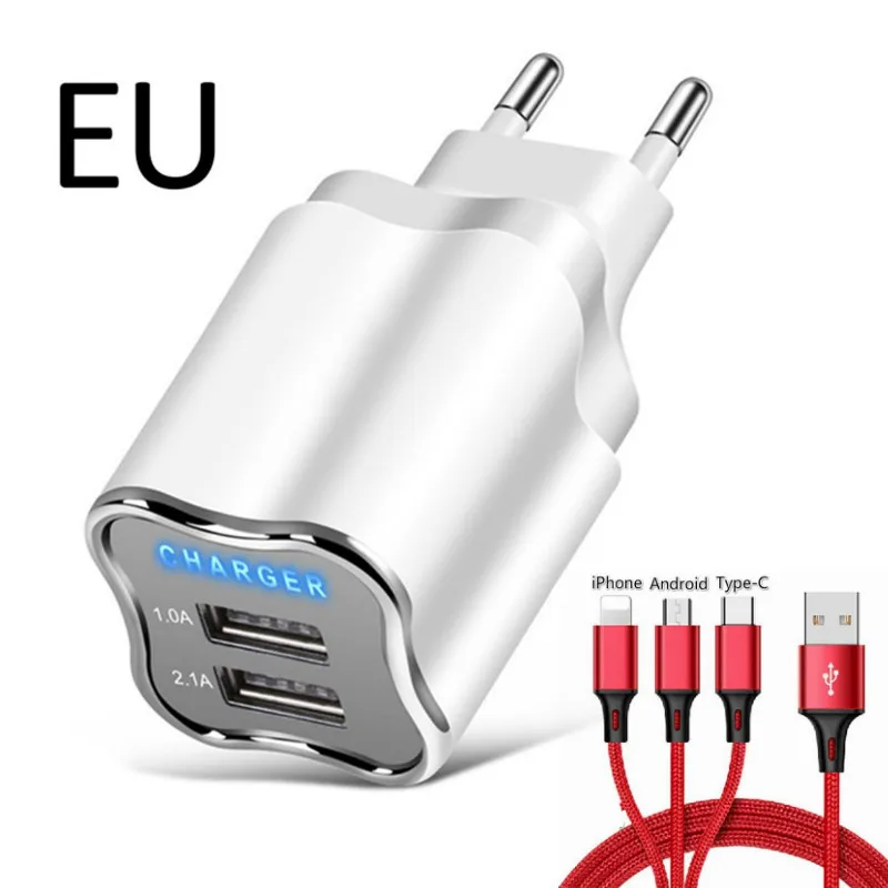 EU packaging Двойной USB зарядное устройство для телефона зарядное устройство ЕС США штекер светодиодный светильник 5 в 2.1A быстрое зарядное устройство адаптер для iPhone samsung Xiaomi зарядное устройство для мобильного телефона - Цвет: EU packaging