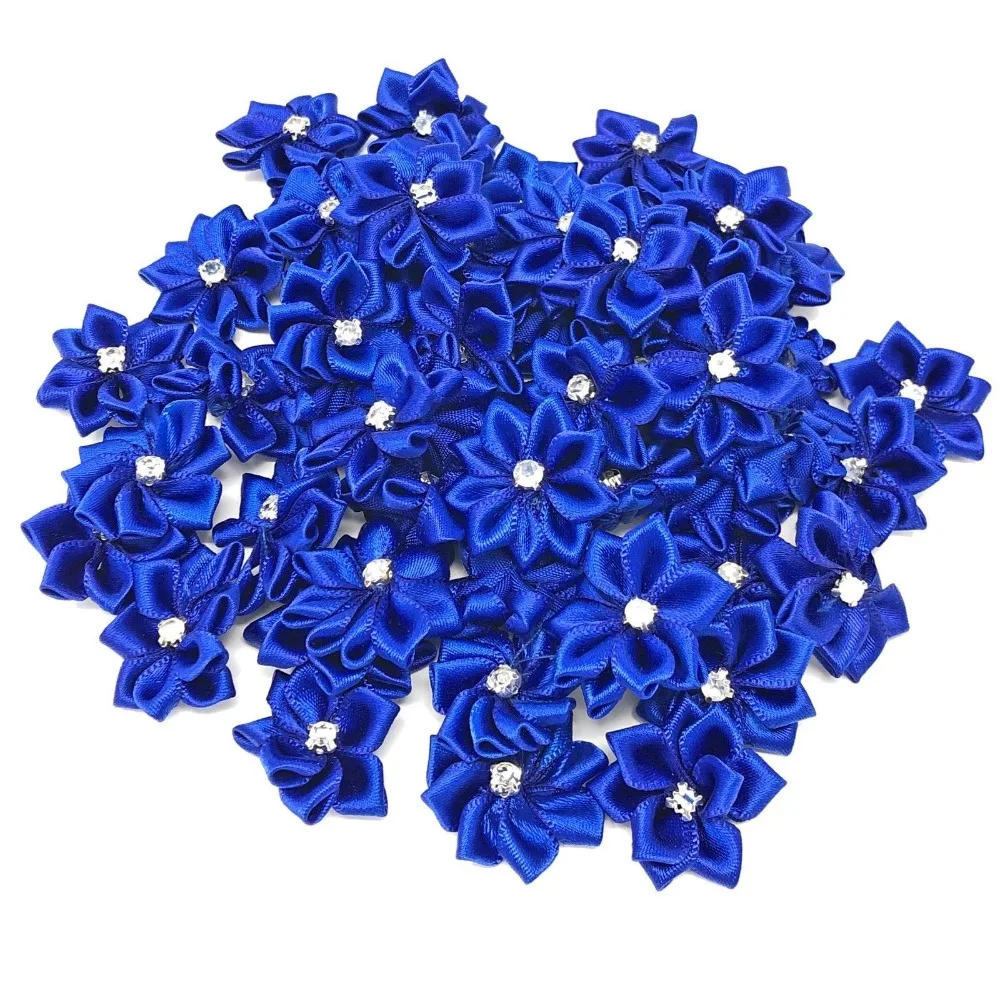 100 adet kraliyet mavi saten elmas şerit çiçekler Rhinestone Diamante merkezi 25mm kağıttan çiçek