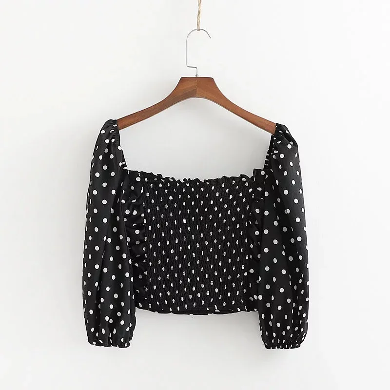 

2019 Summer New French Square Collar Sleeves Wrinkle Stretch Short Crop Top Women Tops