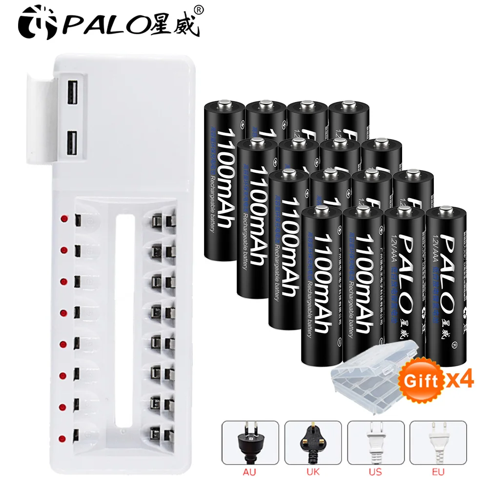 PALO 8 шт AAA 1,2 V Ni-MH аккумуляторная батарея+ 2 USB интерфейс зарядное устройство для AA AAA Ni-CD Ni-MH 1,2 V аккумуляторная батарея - Цвет: 16pcs and charger